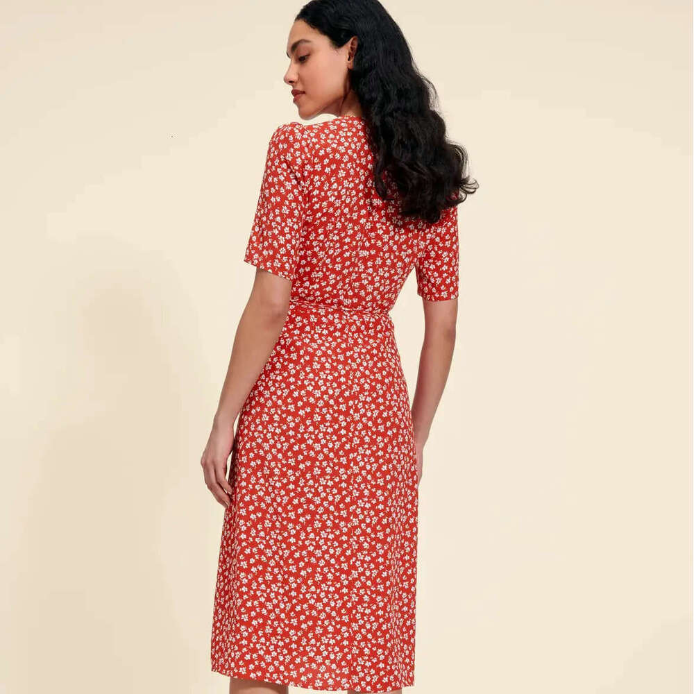 Dresses for Woman Party June Sexy Vestido De Mujer 114 # Summer New 2025 Floral V-neck Short Sleeve Mid-length French Tea Break Wrap Dress with Straps