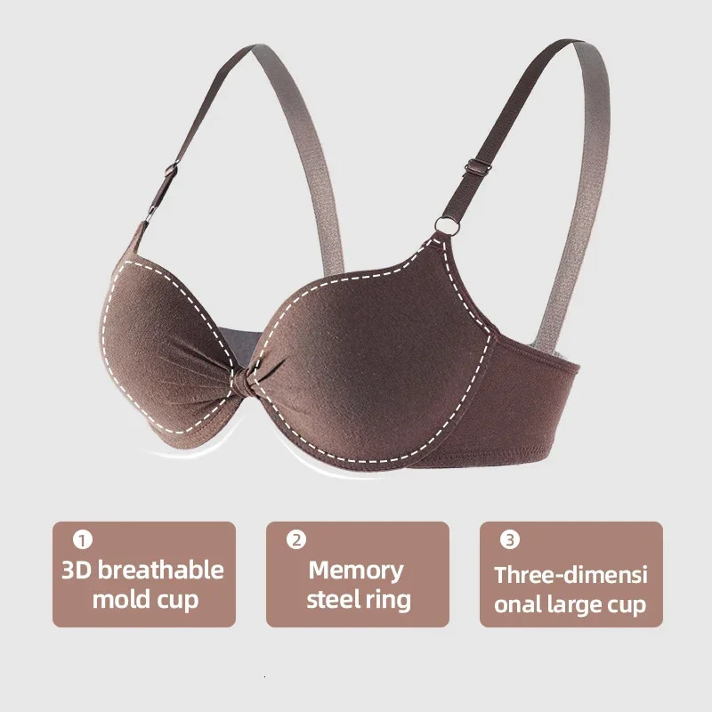 Sexy Women Cotton Gathered Bra Deep V Underwire Ladied Brassiere Push Up Lingerie Solid Bras Backless Intimate Underwear 250617