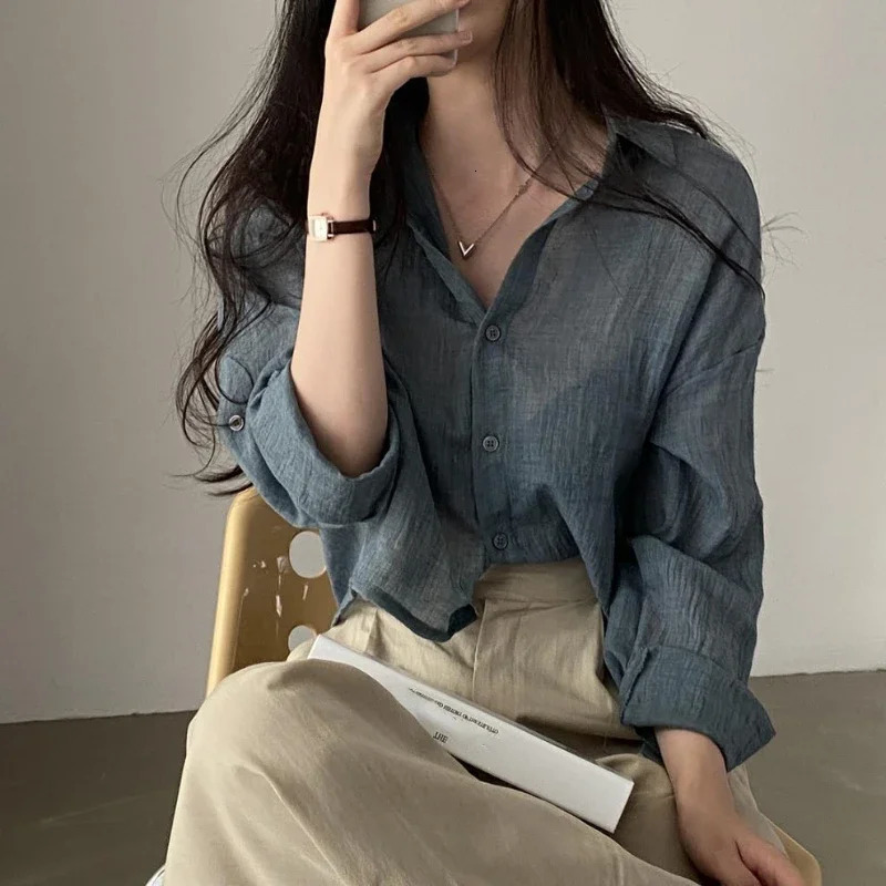 Trendy Shirt Blouse Simple Thin Pure Color Anti-UV Shirt Anti-fade Shirt Top Women Solid Color Sun Protection 250616