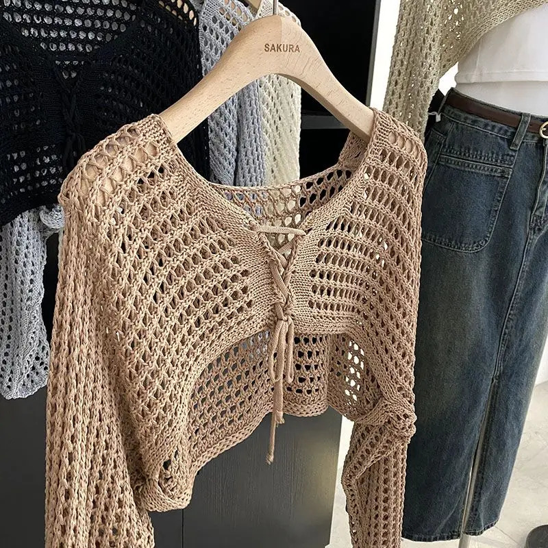 Hollow Out Short Style with Camisole Knitted Sweater for Womens Summer Loose Long Sleeved Cover Up Sun Protection Top 250616