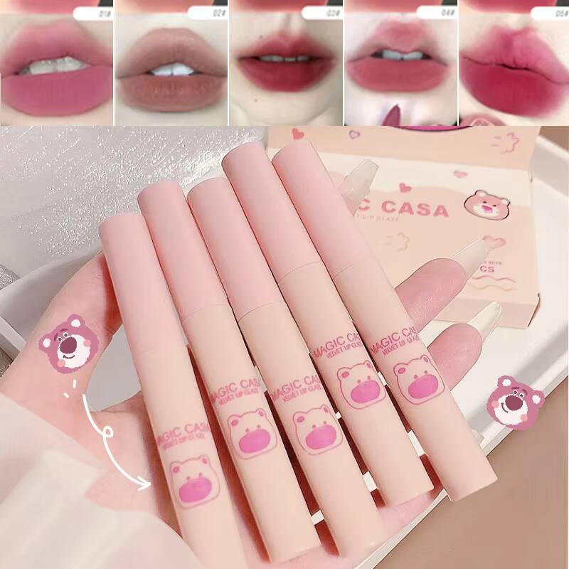 MAGIC CASA five packs of Naughty Bear Lip Glaze Set matte velvet non-stick cup is not easy to fall color lipstick happy