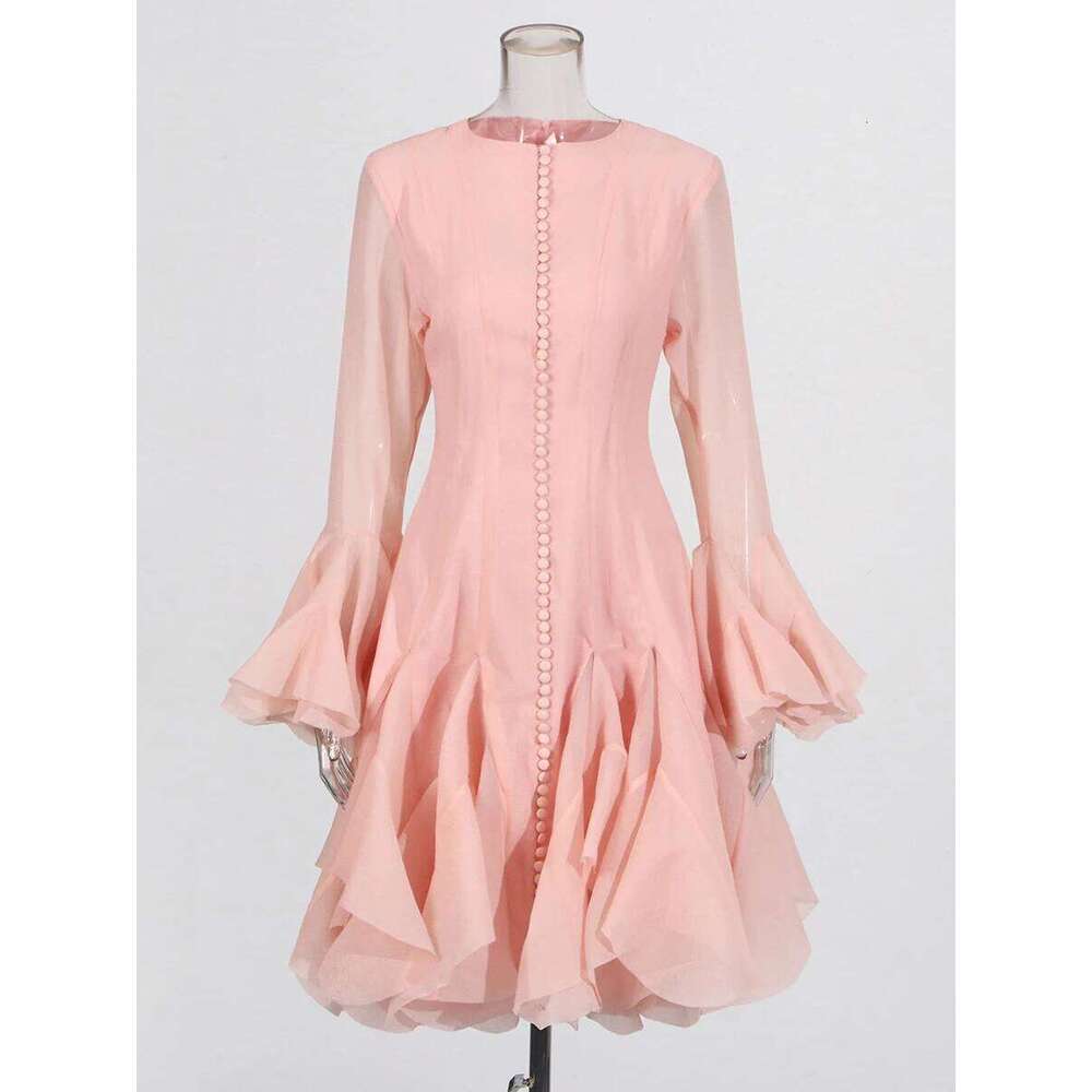 Designer Clothing 2025 Pink Patchwork Ruffle For Women Round Neck Flare Sleeve High Wait Slim Elegant Midi 107Cm Dress Female 2025