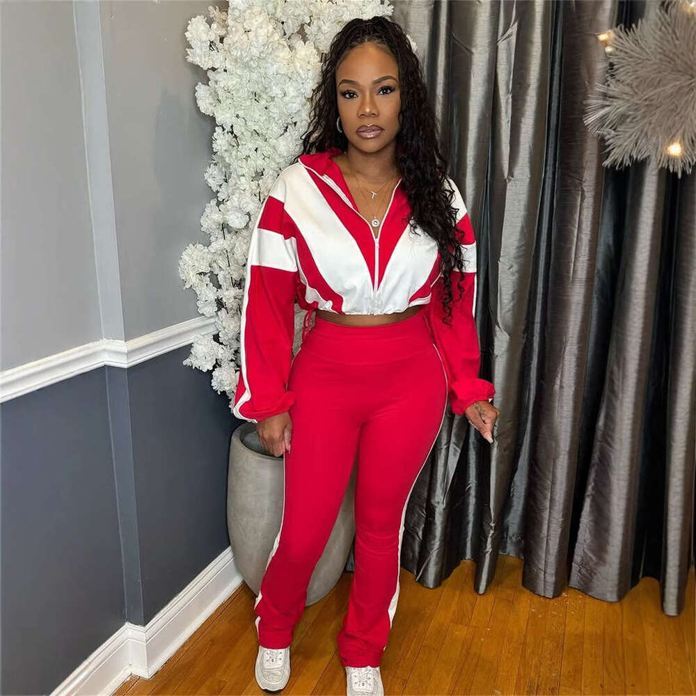 Loose Casual Street Fashion Color-Block Zipper Jacket And Pants Sports Set For Women B5