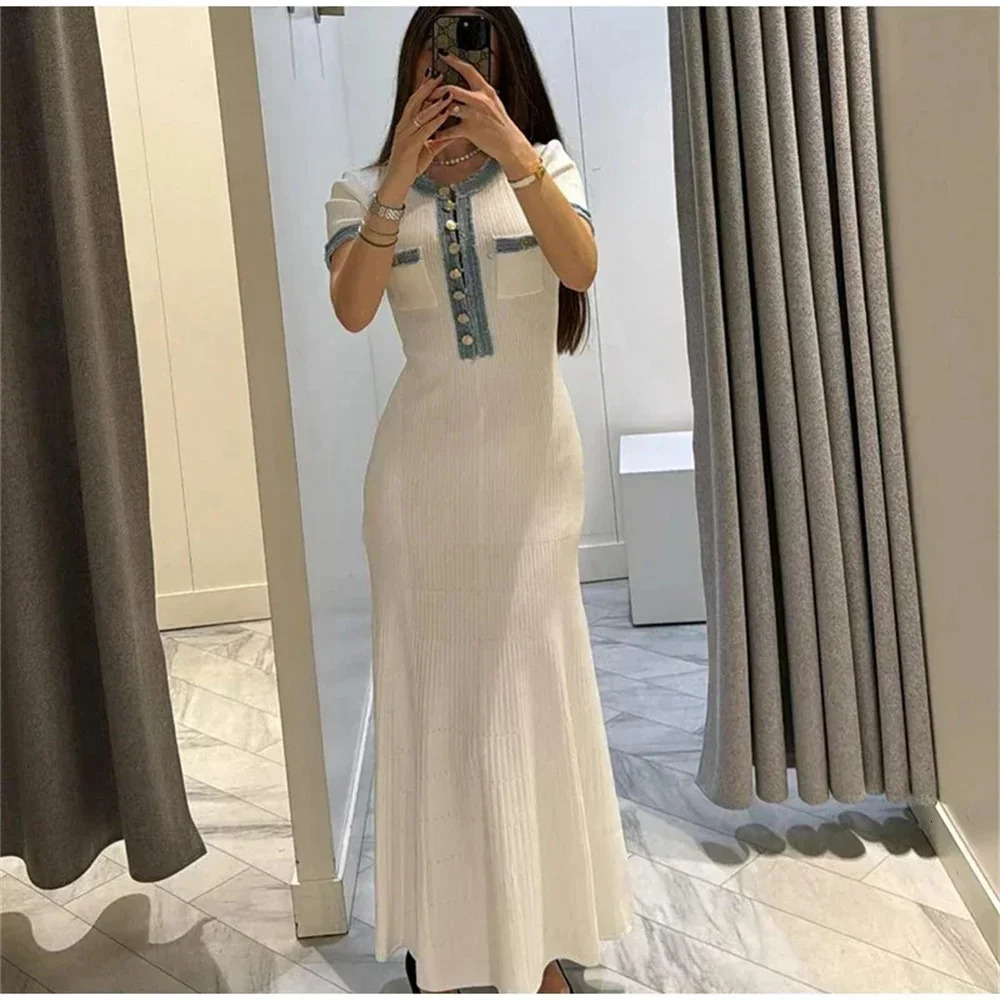 Elegant Contrasting Women Knit Maxi Dress Chic O-neck Short Sleeve Metal Buttons Bodycon Dresses Office Lady Commuting Robe 250616
