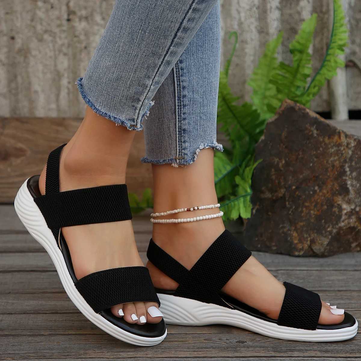 Womens Knit Elastic Cloth Wedge Sandals Slip on Lightweight Walking Sandals Ladies Plus Size Comfortable Summer Shoes for Women Z250617
