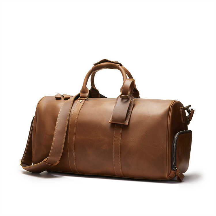 Top Layer Cowhide Crazy Horse Leather Travel Bag Large Capacity Gym Bag Shoe Compartment Outdoor Genuine Leather Mens Travel Duffel Bag