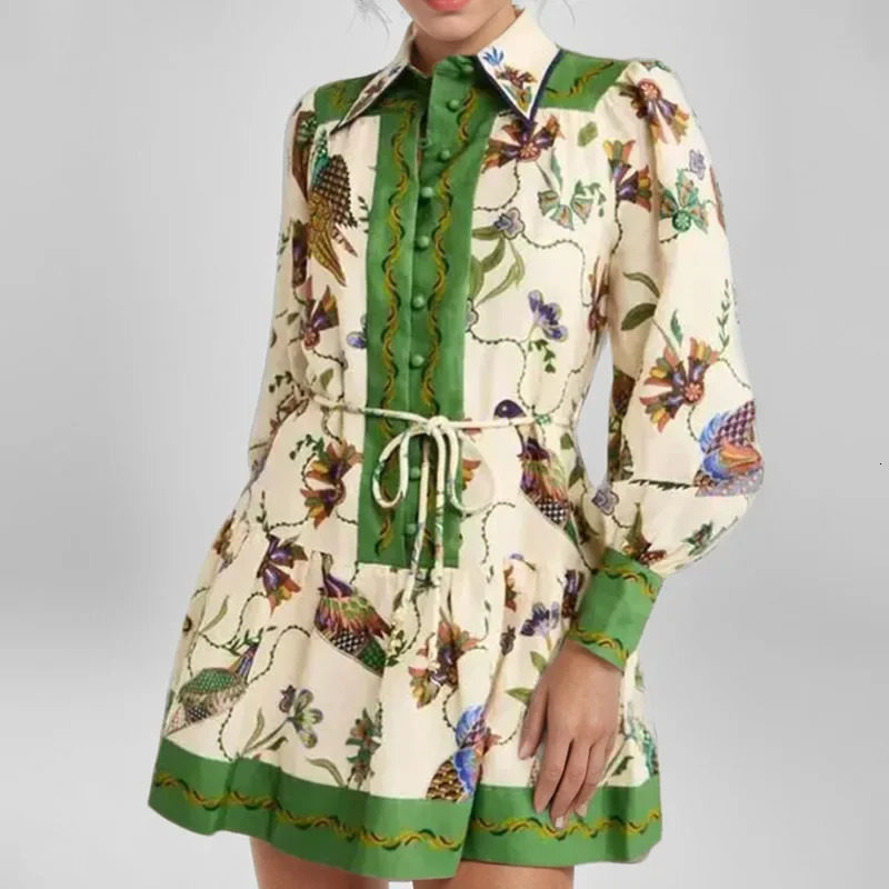 2025 Womens Long Sleeve Pleated Dress Belted Print Collar Cross-Border Fashion Empire Waist Maxi Skirt Style Dress 250616
