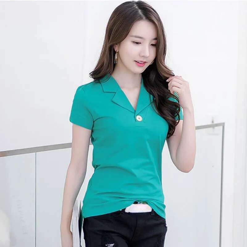 T-shirt Woman Button Tops Short Sleeve Tee Clothing Plain Polo Neck Shirts for Women Trend Luxury Polyester High Quality Sale V