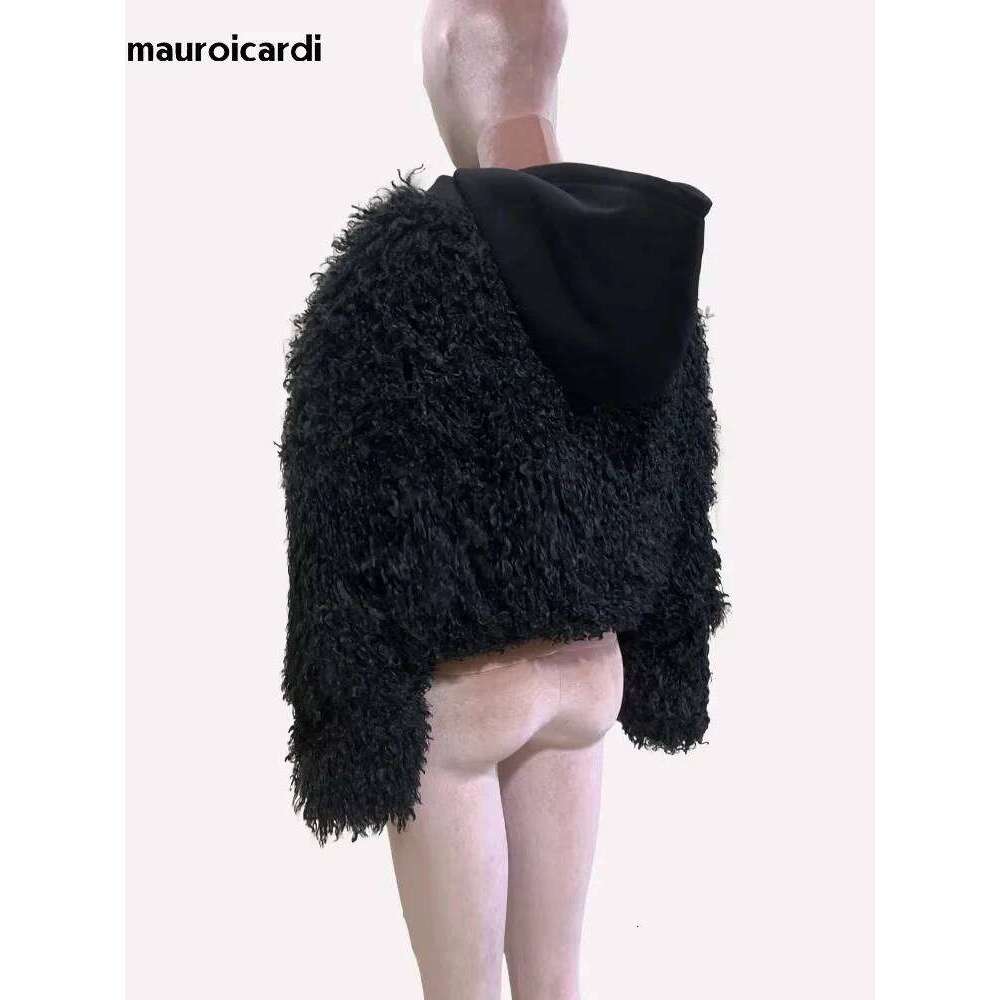 Mauroicardi Spring Winter Short Oversized Black Fuzzy Thick Warm Faux Fur Coat Women Fluffy Jacket Furry Hoodie Streetwear 2025