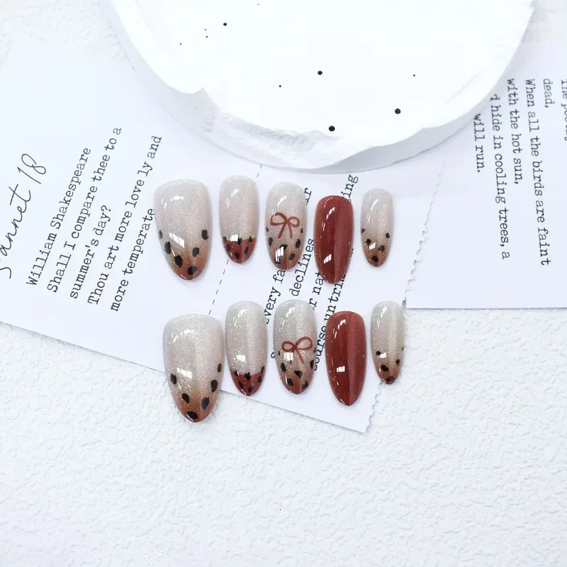 10Pieces Almond Semi-handmade Press on Nails Maillard Style Leopard Bow French Nail Tips for Women Girls Daily Wear Art 250612