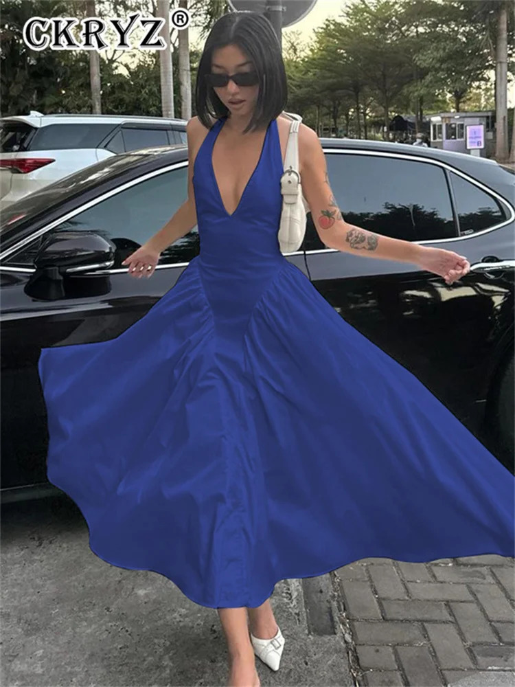 Ladies Summer Evening Party Fashion Dress Women Sleeveless Backless V-Neck Sexy Maxi Dresses Night Clubwear Female Outfits 250616