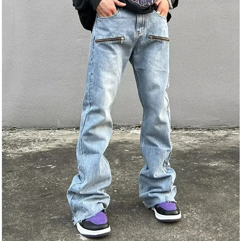 Y2K Fashion Zipper Retro Washed Baggy Flare Jeans Pants Men Streetwear Hip Hop Wide Leg Straight Denim Trousers Ropa Hombre 250616