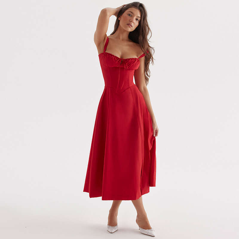Maxi Dress for Women Women Dresses Whitedress Designer Dresses 810 Summer New 2025 Solid Color Square Neck Sexy Cotton Slim Fit Fishbone Mid-length Sp