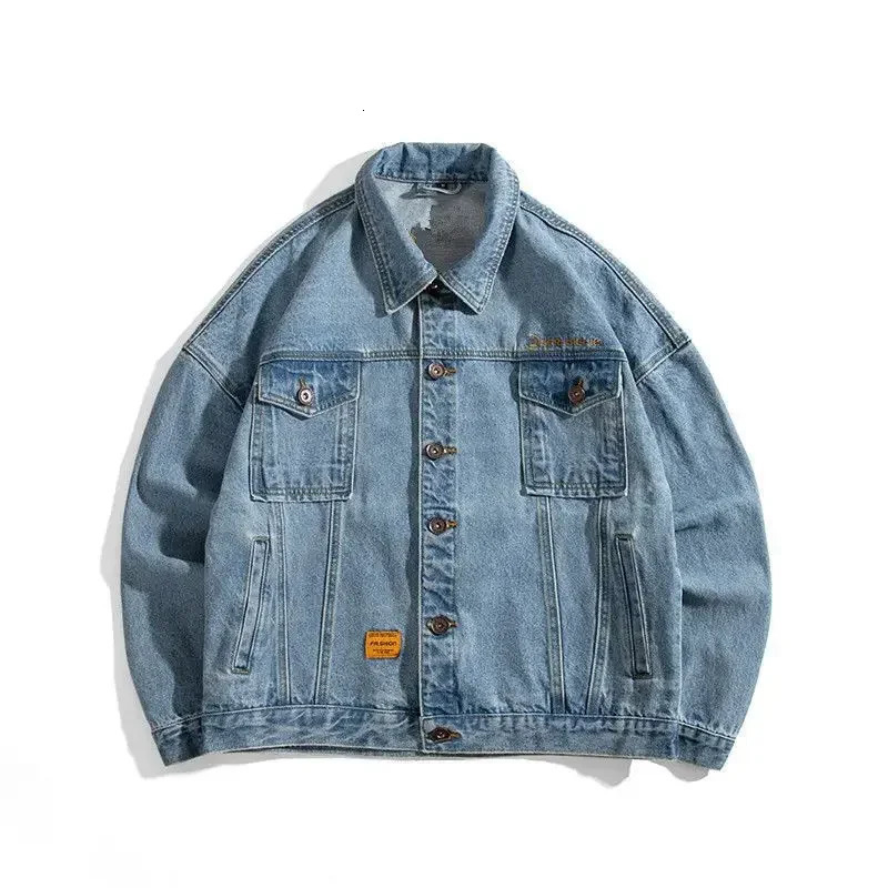 Mens Denim Jacket Blue Button Male Jean Coats with Embroidery Loose Big Size Worn Casual Cowboy Low Price Stylish Trendy 250616