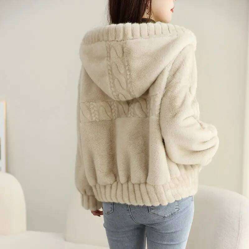 Short Mink-like Hair Fur Hooded Top Little Fellow Fashionable Fleece Coat Female Spring and Autumn Warm Winter New
