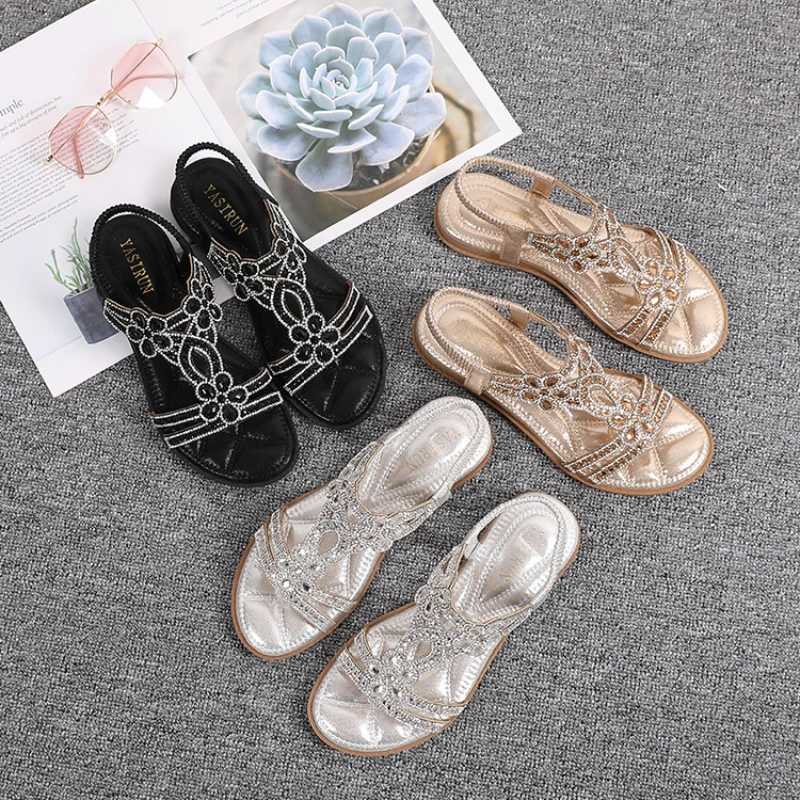 Women Flat Rhinestone Sandals Bohemian Sandals 2025 Summer New Non Slip Beach Elastic Low Heels Roman Sandals Womens Sandals Z250617
