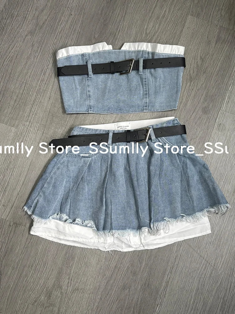 High Street Y2k Fashion Two Piece Set Women Retro Denim Long Sleeve Skirts Suit Korean Style Chic Set Short Vest Mini Skirt 250614