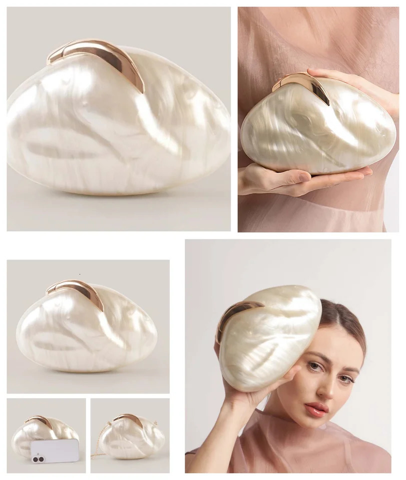 Flower Oval Egg Shell Clutch Bag Acrylic Pearl Beige Frame Purse Women Wedding Evening Party Cute Ivory Handbag Mini Beach Bags 250614
