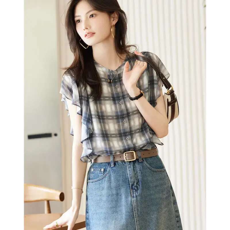 With Short Sleeve Woman Top Ruffle Shirts Blouses for Women Loose Print Frill Korean Popular Clothes New Collection 2025 M Xl