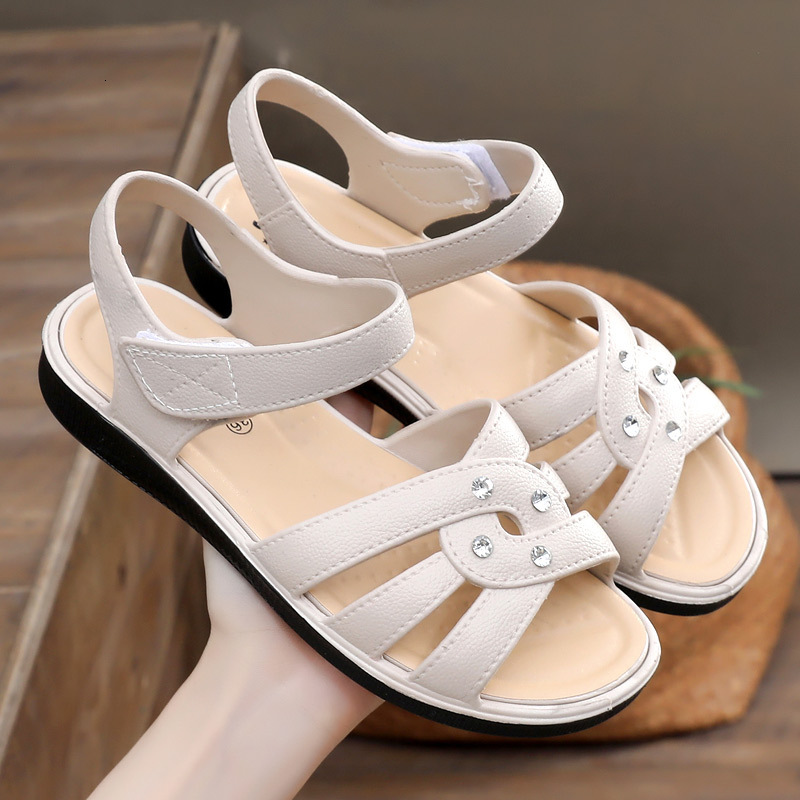 Women's sandals summer flat bottomed soft soled non slip shoes, wear-resistant, hollow breathable, rhinestone, Velcro women's shoes