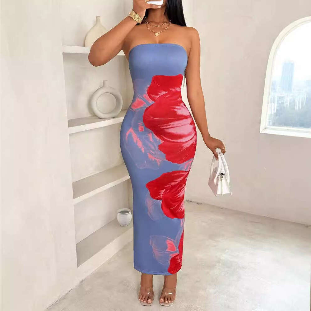 New Shein Women's Slim Fit Off-Shoulder Color-Block Floral Print Elegant Fashion Dress B5