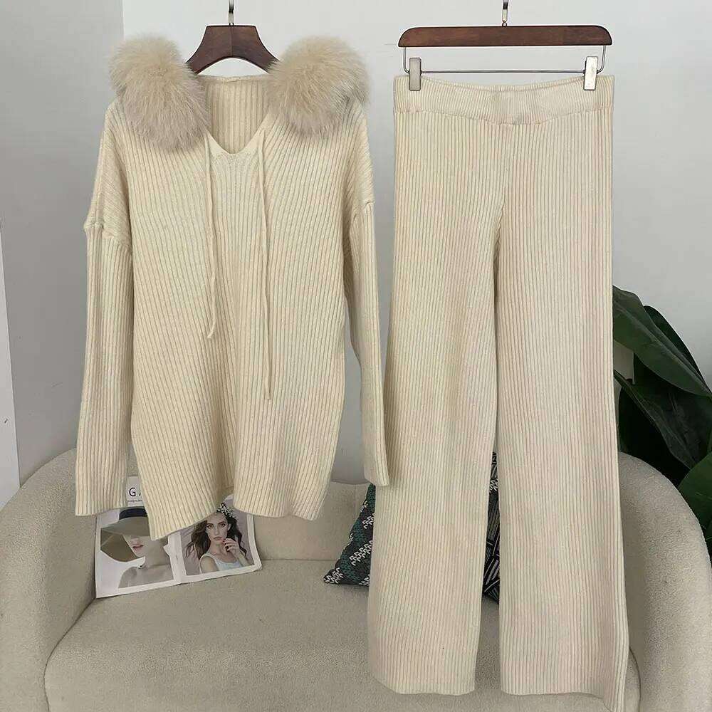 DEBAIFUR 2025 New Spring Woman Hooded Pullover Cashmere Splicing Natural Fox Fur Collar Outerwears Sweater Suit