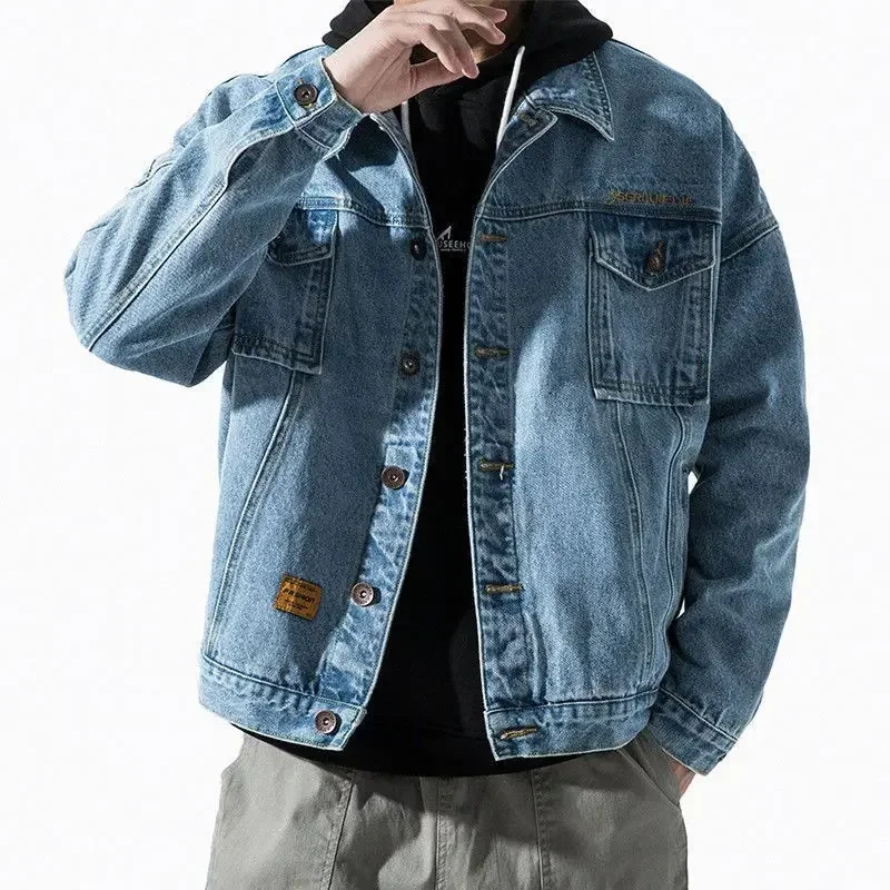 Mens Denim Jacket Blue Button Male Jean Coats with Embroidery Loose Big Size Worn Casual Cowboy Low Price Stylish Trendy 250616