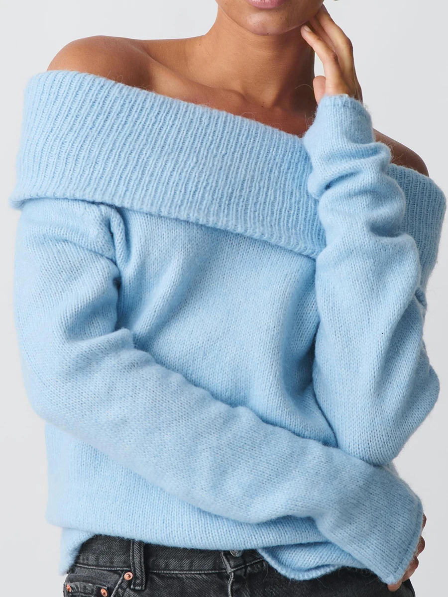 Womens Off Shoulder Crop Sweater Solid Color Boat Neck Long Sleeve Loose Knitwear Pullover 250614
