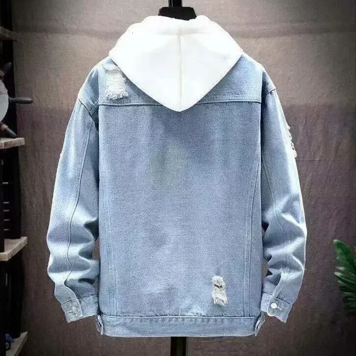 Men Denim Jacket 2025 Ripped Hole Single Breasted Coats Spliced Outerwear Jackets Pockets Casual Loose Washed Distressed 250616
