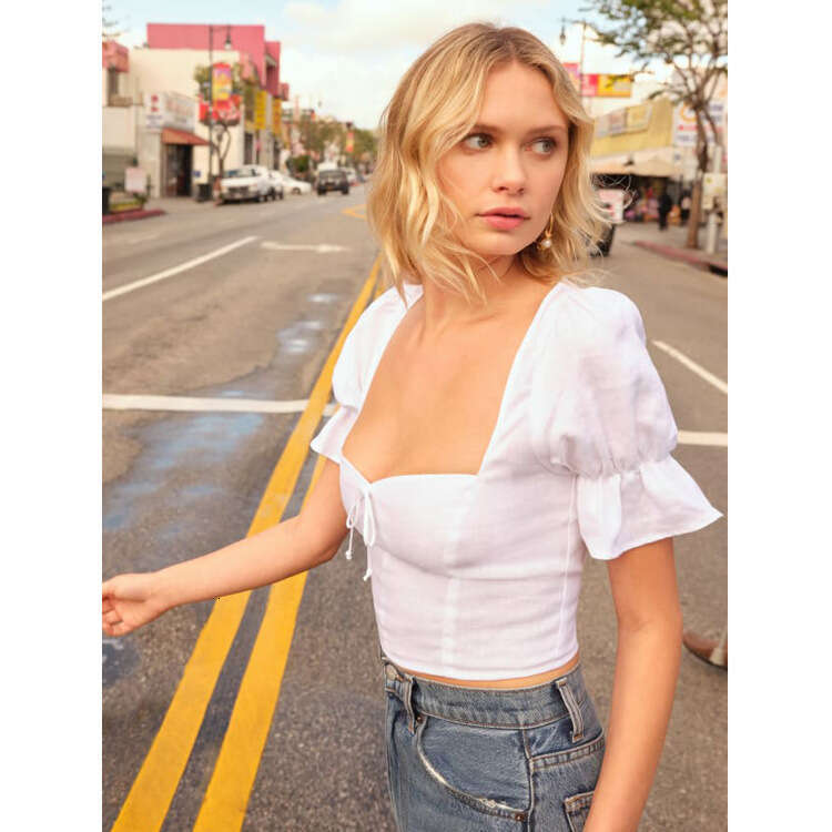 Promdress Robe De Designer Luxury Dress Women Dresses Womens Dress No.061#white Cotton Linen Ref2025 Summer Square Neck Short Sleeve Crop Top