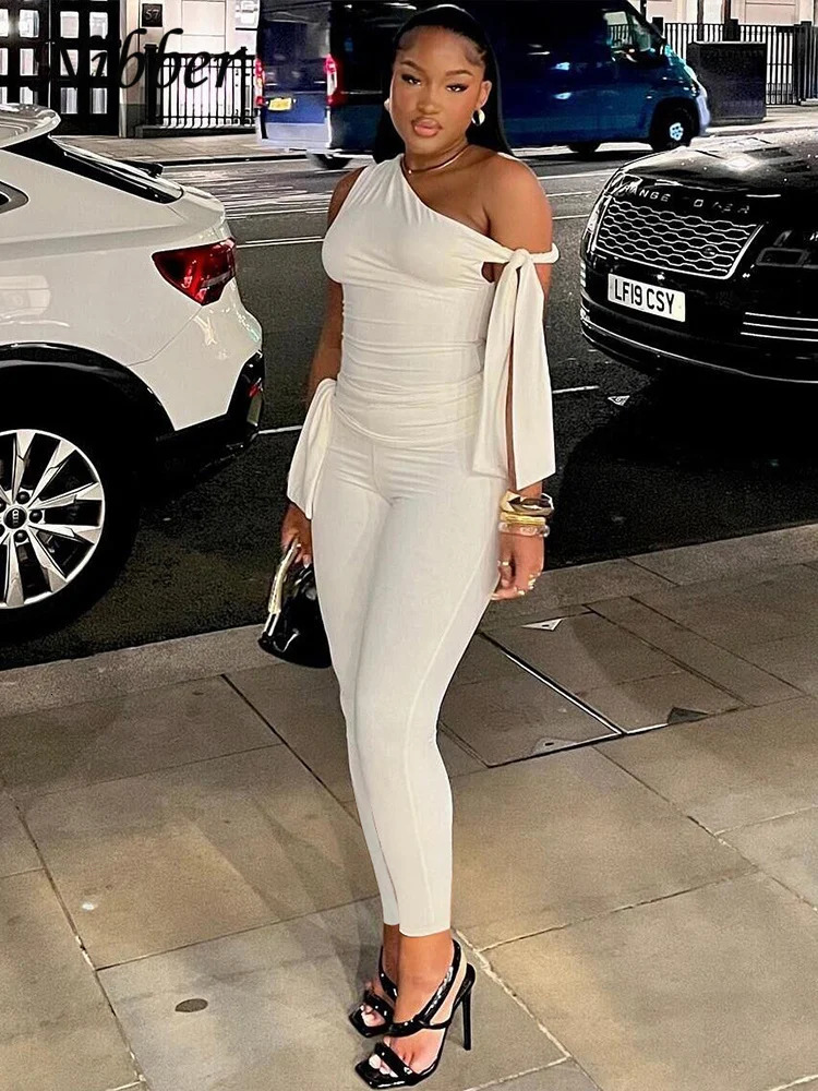 Nibber Chic Elegant 2 Piece Set Women Tracksuit Skew Collar Ribbon Tank TsopLeggings Casual Skinny Stretch Matching Outfits 250616