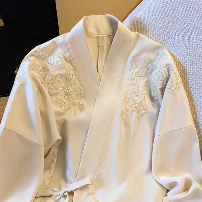 Satin Chinese Style Shirt for Women Embroidery Vintage Blouses Silk Clothing Loose V-Neck Tops Spring and Summer 250614