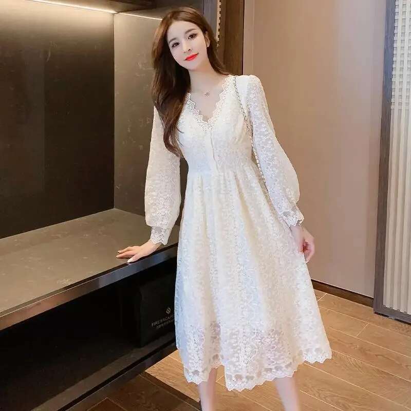 Hollow Womens Long Sleeve Dresses Midi Spring Autumn 2025 Chic and Elegant Female Dress Pretty A Line One-piece Casual Youth X