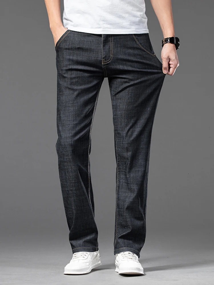 Summer Thin Mens Straight Jeans Classic Black Blue Stretch Casual Business Baggy Denim Pants Male Trousers 250616