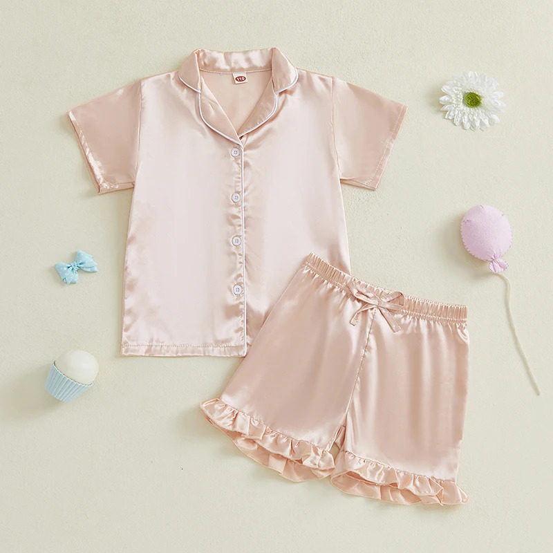 Pudcoco Infant Kids Baby Girls Summer 2Pcs Pajama Sets Short Sleeve Lapel Solid Color Shirt Shorts Sleepwear 1-10T 250617