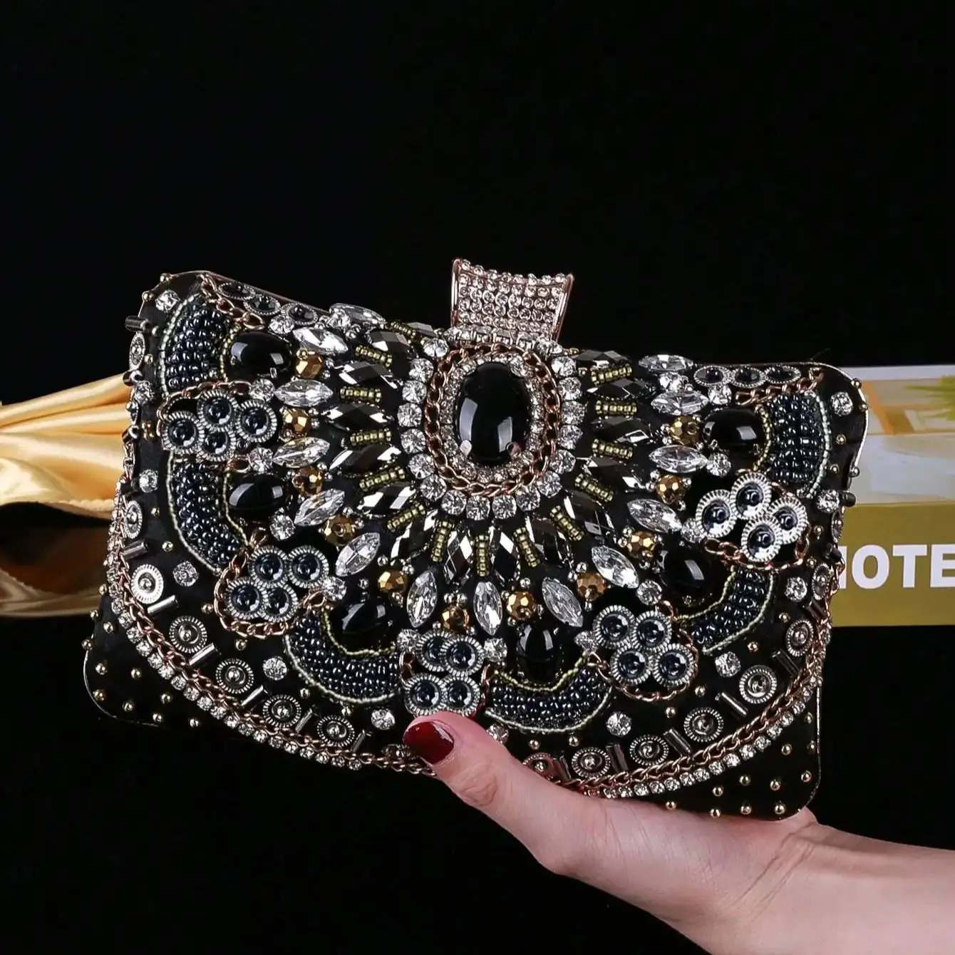 Embroidery Women Clutch Bags Beading Party Small Evening Black Color Satin Lady Handbags 250614