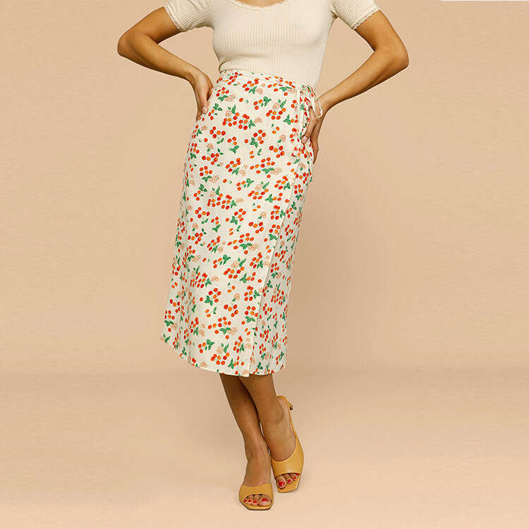 Plus Size Womens Clothing Skirt Dresses N133#ref Rayon Printed Tie Waist Skirt 2025 Summer French Style Womens Fashion