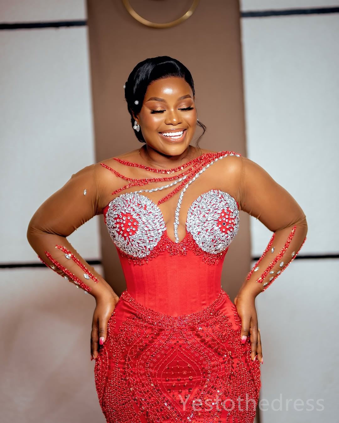 2025 Plus Size Red Aso Ebi Prom Dress Mermaid Prom Dresses Evening Formal Gowns Sheer Neck Long Sleeves Beaded Lace Flora Birthday Dress Second Recept