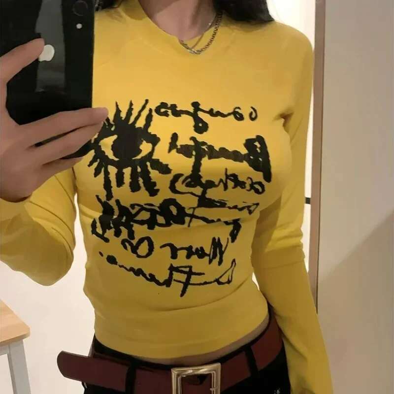 Yellow Top Female Korean Clothing With Sleeves Womens Long Sleeve T-shirt Pulovers Youthful Clothes Harajuku Fashion Popular