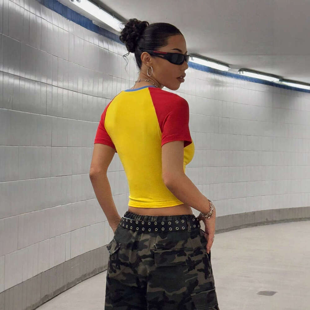 Summer New Hot Girl Letter Print Color Block Short Slim Fit Round Neck Pullover T-Shirt B5