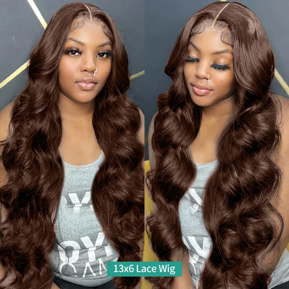 34 Inch Chocolate Brown Body Wave 13x4 HD Lace Front Human Hair Wigs Pre Plucked Brown Transparent Lace Frontal Wigs Synthetic For Women