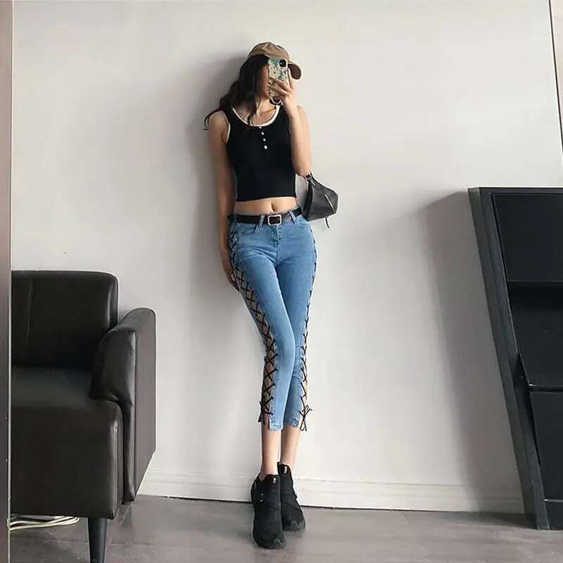 Womens Jeans Slim Fit Woman Pants Pipe and Capris Trousers Blue with Pockets Cropped Skinny Summer Denim Vintage Hippie A Basics
