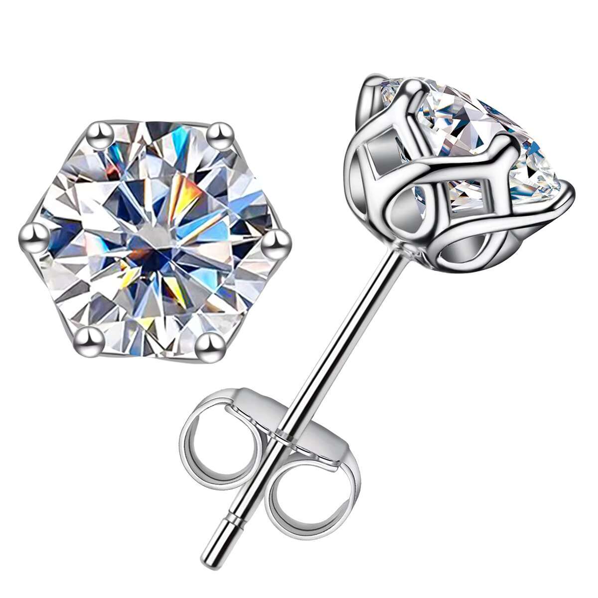 6 Prong Set Moissanite Stud Earrings in 925 Sterling Silver - Silver Color