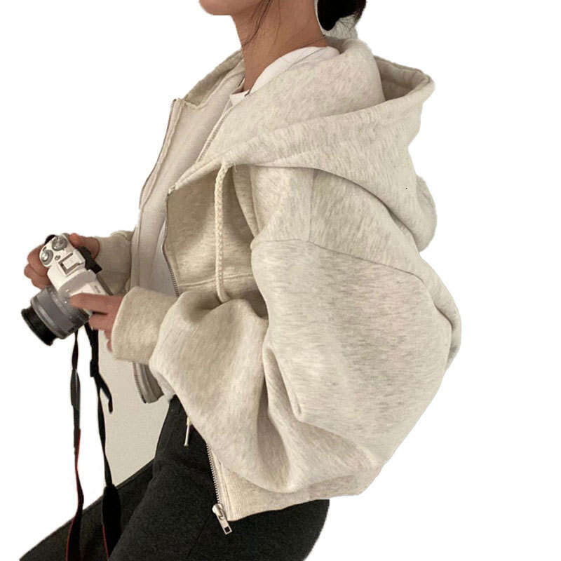Spring Summer New Ins Versatile Fashion Short Slim Fit Zipper Warm Solid Color Hoodie Women 661 B5