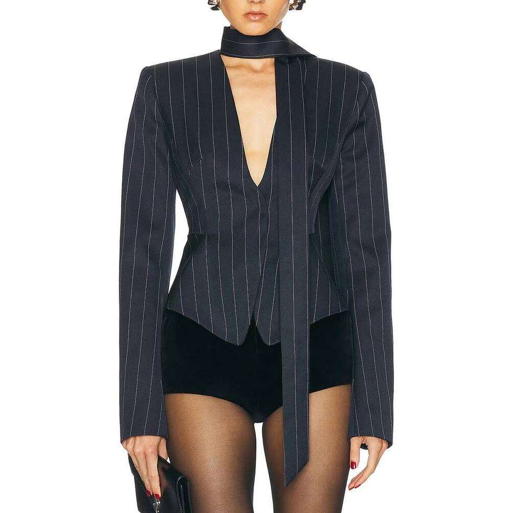 2025 Colorblock Striped Slimming Blazers For Women V Neck Long Sleeve Tunic Temperament Coats Female Fashion Clothes New