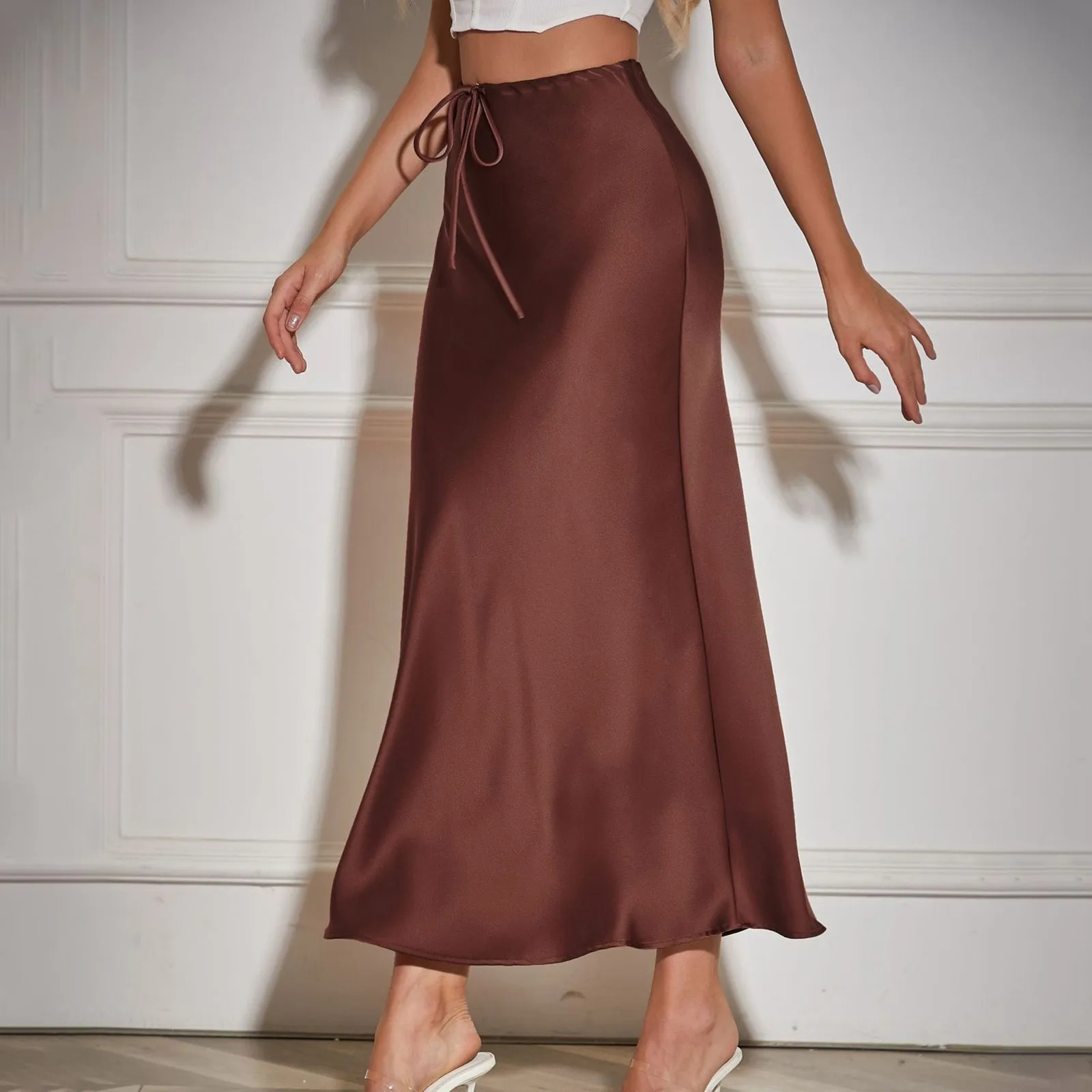Top Selling Skirts For Women Plus Size WomenS Solid Color Satin Long Dress High Waist Drawstring Dress Ropa Para Mujer 250614