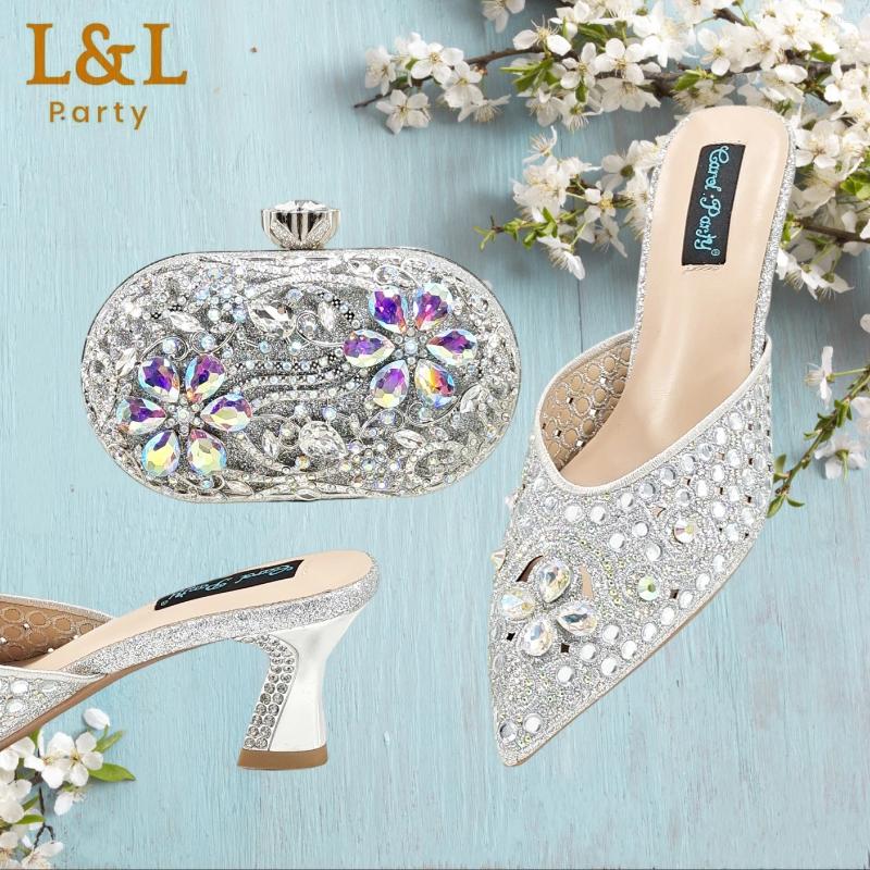 Dress Shoes Fashion Nigeria Design Rhinestone-encrusted Sex Ladies And Bag High Heels Sandals With Gold Color Mini For Party