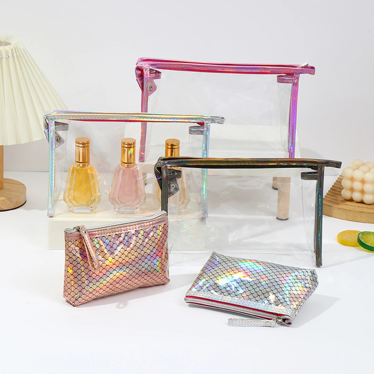 twopiece waterproof PVC cosmetic bag Laser fish scale storage and grooming Multi functional womens makeup bag 250614