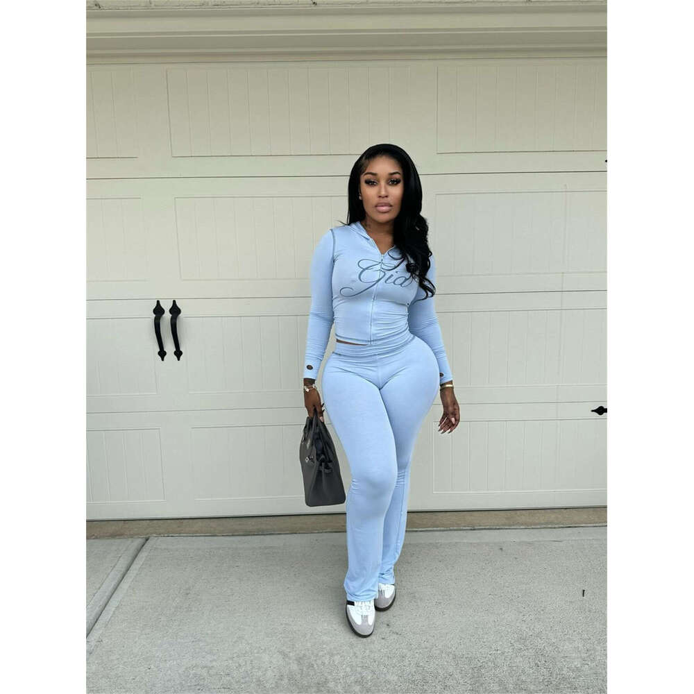 Summer Fashion Solid Color Short Hoodie Top Sexy Tight Long Pants Set B5