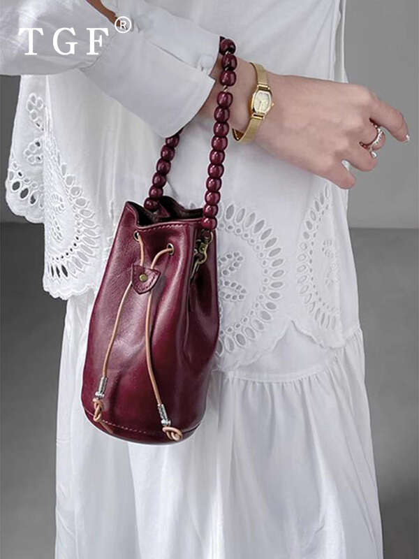 Beaded Handheld Bucket for Women Trendy Red New Chinese Style Drawstring Shoulder Crossbody Small Bag